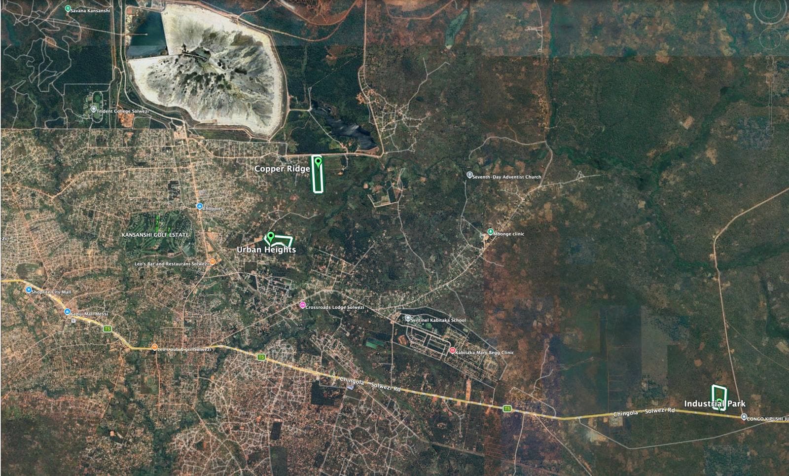 Satellite view of Solwezi showing Bumuntu Copper Ridge, Urban Heights and Industrial Park